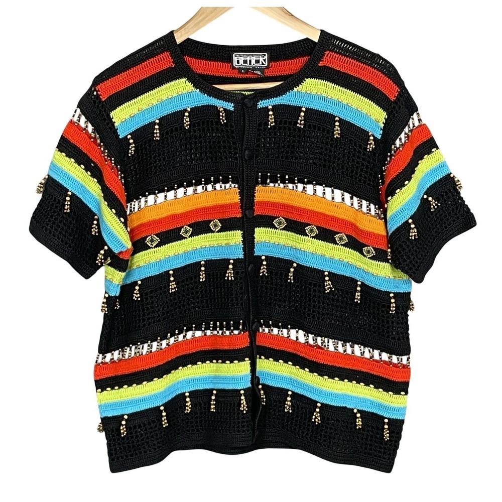 Berek Takako Sakon Artsy Beaded Cardigan Sweater Womens L Maximalist 90s Novelty